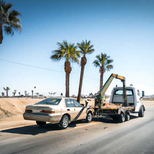A tow truck on a desert road with a broken down car attached, palm trees in the background.
