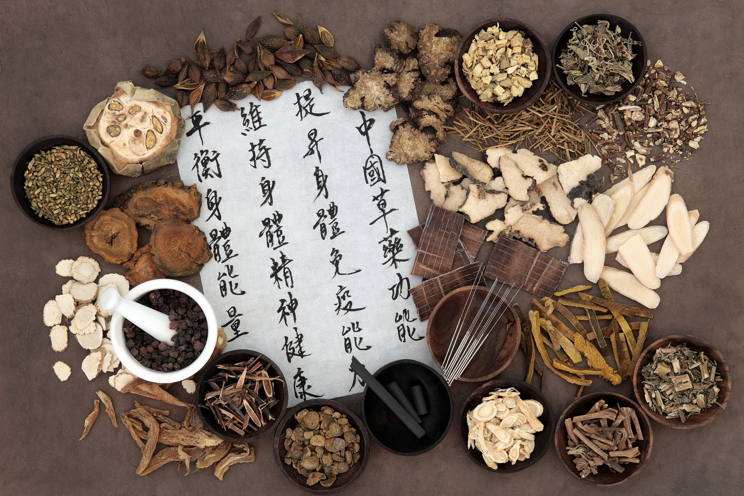 Chinese herbal medicine with acupuncture needles and asian scrip